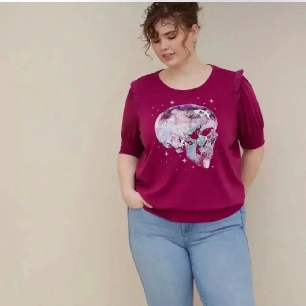 Torrid sweatshirt Graphic skull whimsiGoth ruffles Short Sleeve  plus size - Picture 4 of 12